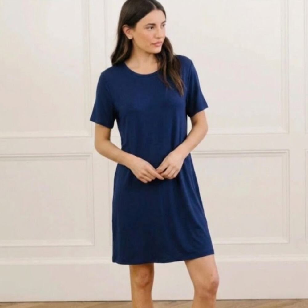 Cozy Earth Bamboo Viscose Ribbed Tee Shirt Dress Crewneck Blue Womens S Nautical